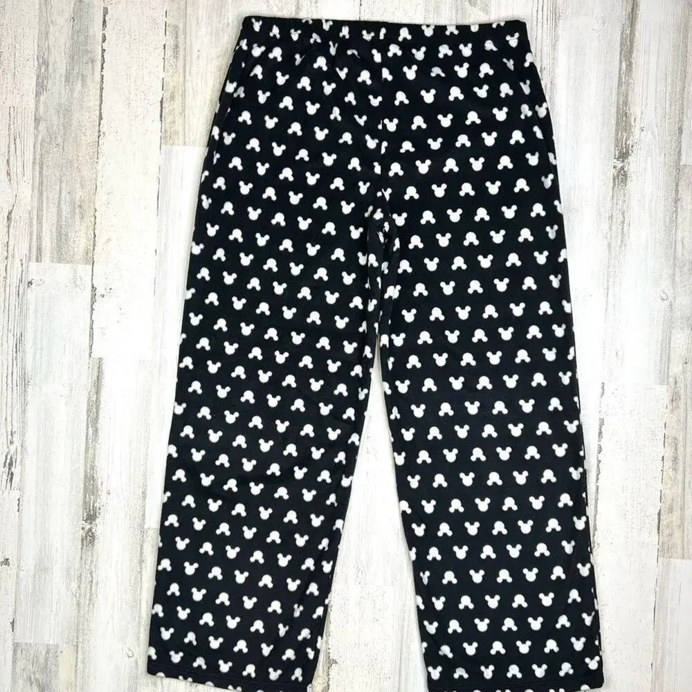 Disney Women's Mickey Mouse Wide Leg Fleece Pajama Pants L Black White Stretch - Picture 3 of 8
